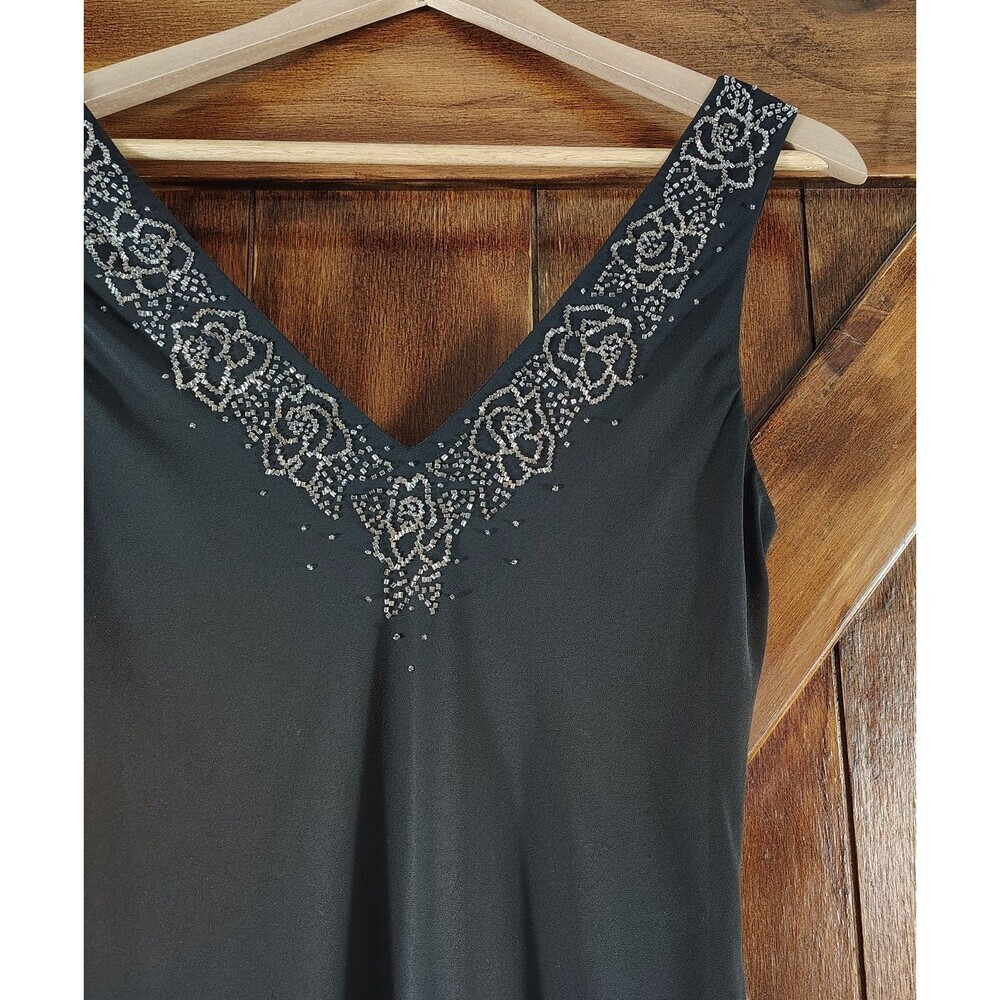 Black Beaded Evening Gown Size 10 Asymmetrical Hem Formal Prom Romantic - Picture 4 of 11